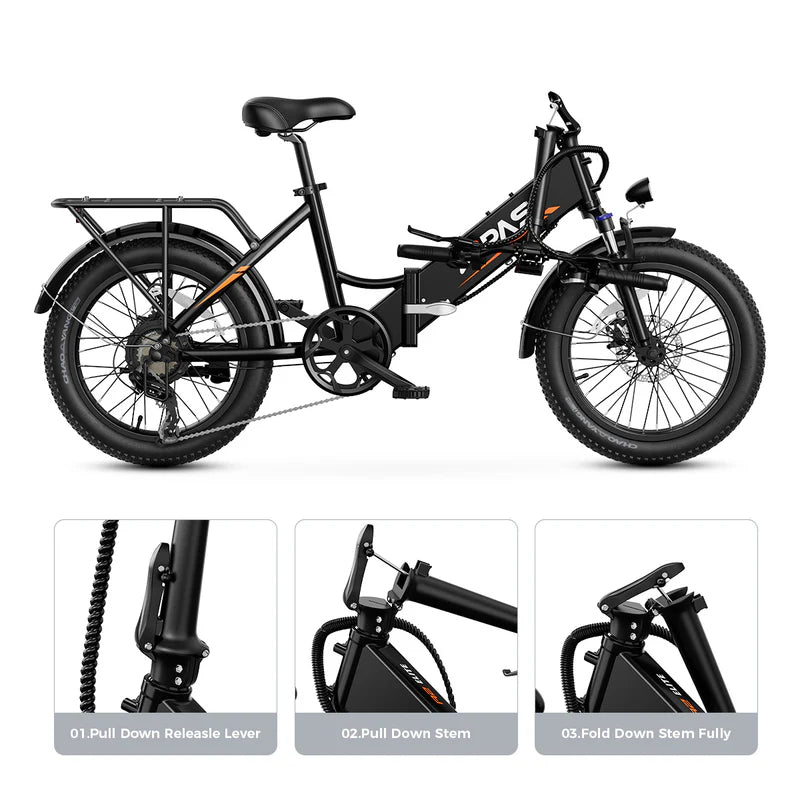 Big Cat A2 Folding E-Bike by Aipas. Black frame on white background showing multiple angels