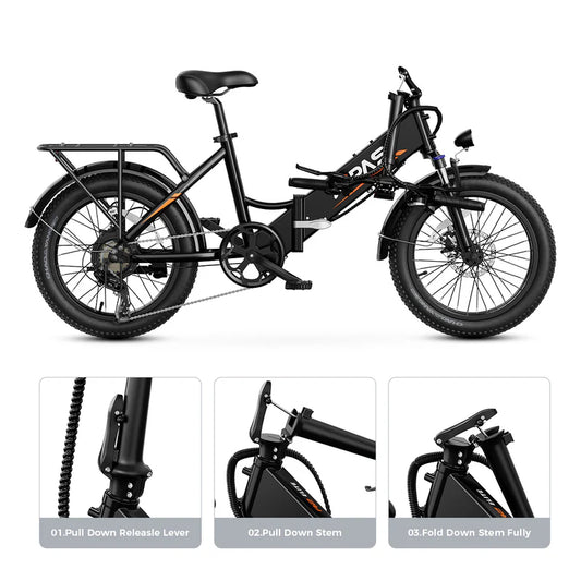 Big Cat A2 Folding E-Bike by Aipas. Black frame on white background showing multiple angels