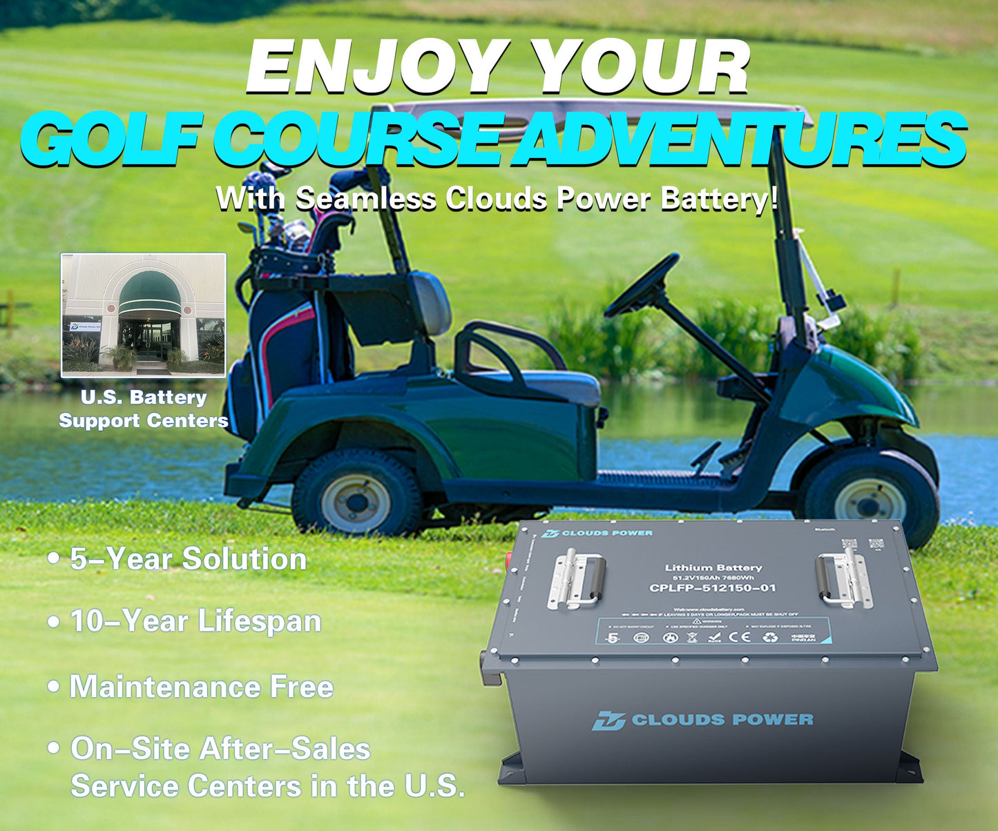 Clouds Power 48V (51.2V) 150Ah LiFePO4 Lithium Golf Cart Battery
