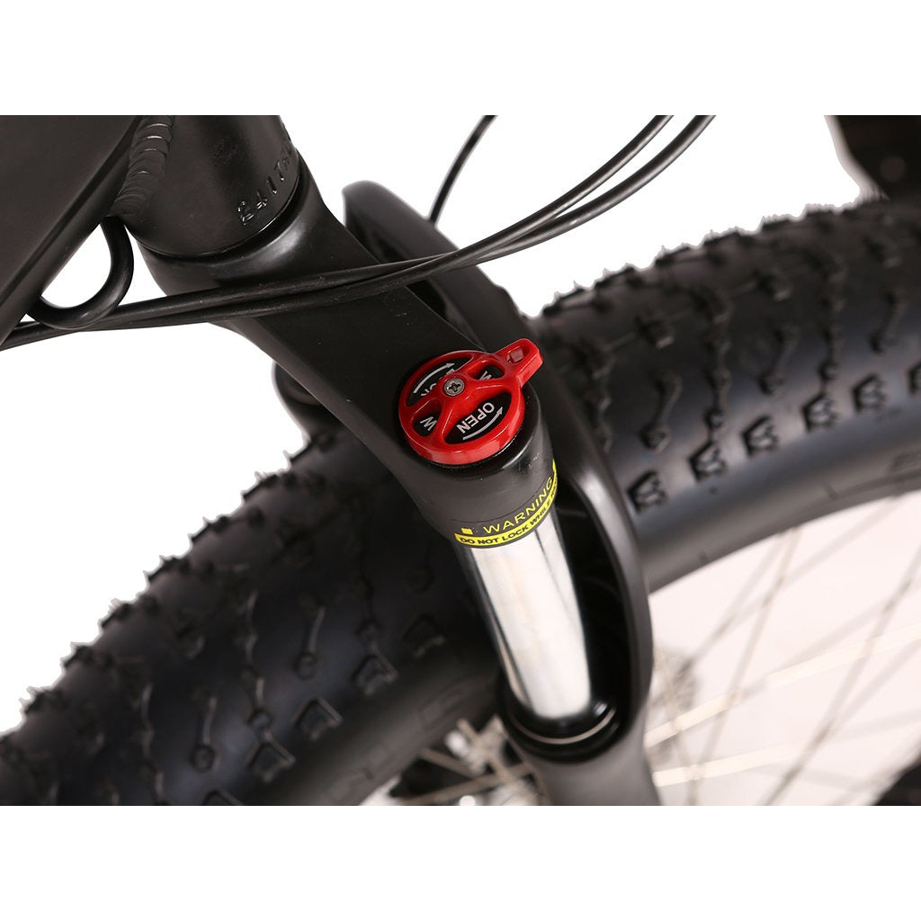 Rocky Road 48v electric mountain bike black suspension view