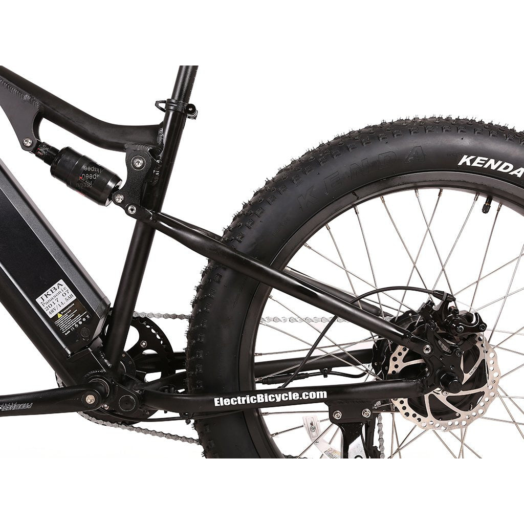 Rocky Road 48v electric mountain bike black rear wheel view