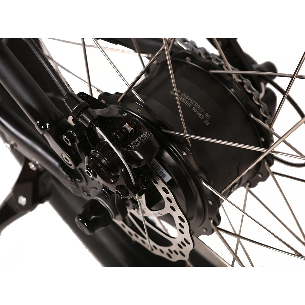 Rocky Road 48v electric mountain bike black rear wheel view