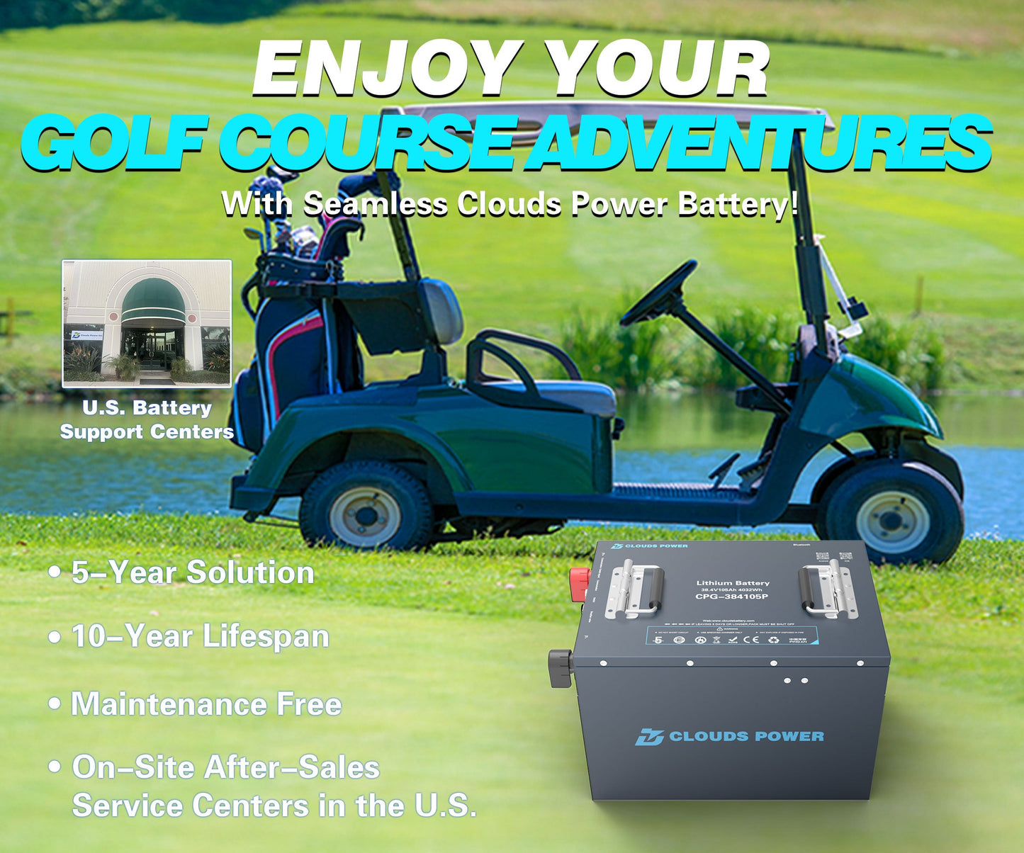 Clouds Power 36V (38.4V) 105Ah LiFePO4 Lithium Golf Cart Battery