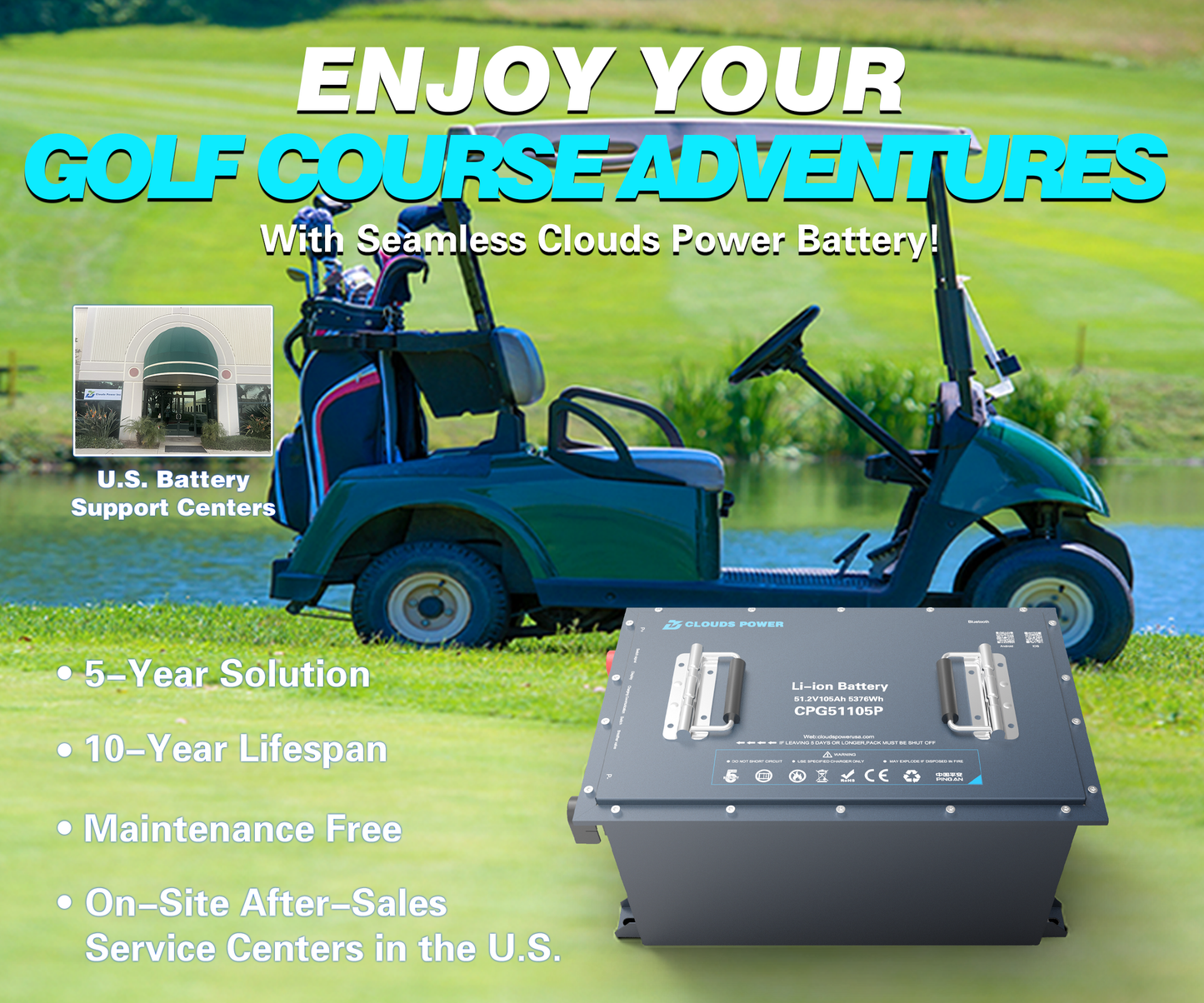 Clouds Power 48V (51.2V) 105Ah LiFePO4 Lithium Golf Cart Battery