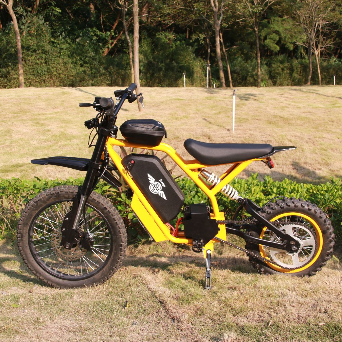 Yellow electric bike on a grassy area with trees in the background