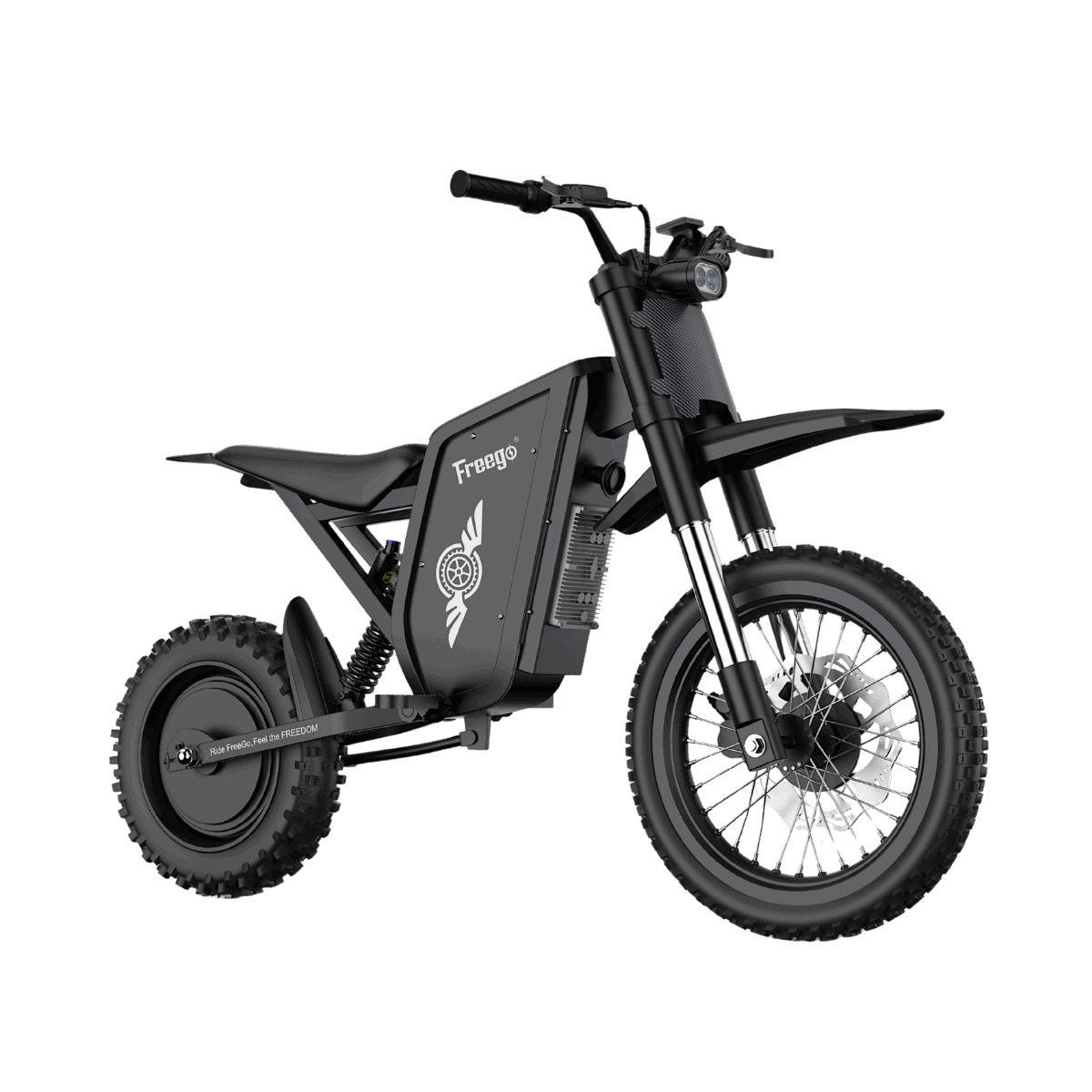 Freego X0 electric mini dirt bike for teens and adults, featuring a high-performance 3600W peak motor and full suspension, isolated on a transparent background.