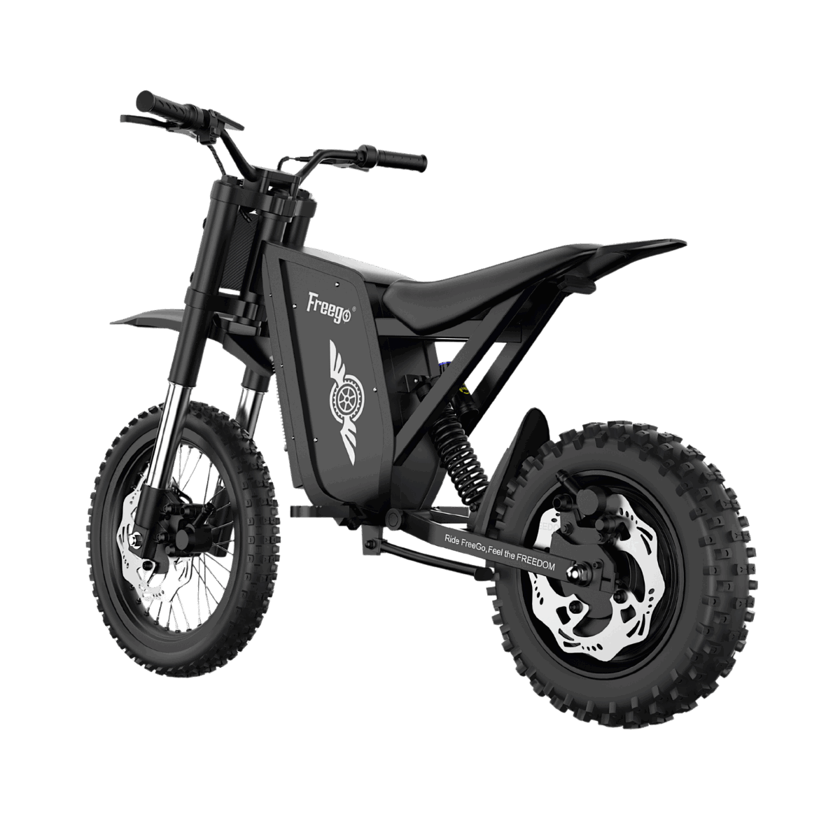 Three-quarter view of the Freego X0 electric mini dirt bike, showcasing the ergonomic seat and durable frame for off-road riding.