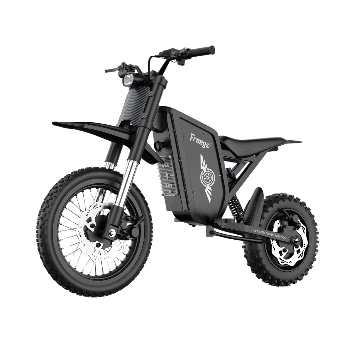 Side-profile view of Freego X0 electric mini dirt bike in black, high-performance E-bike for teens and adults on transparent background.