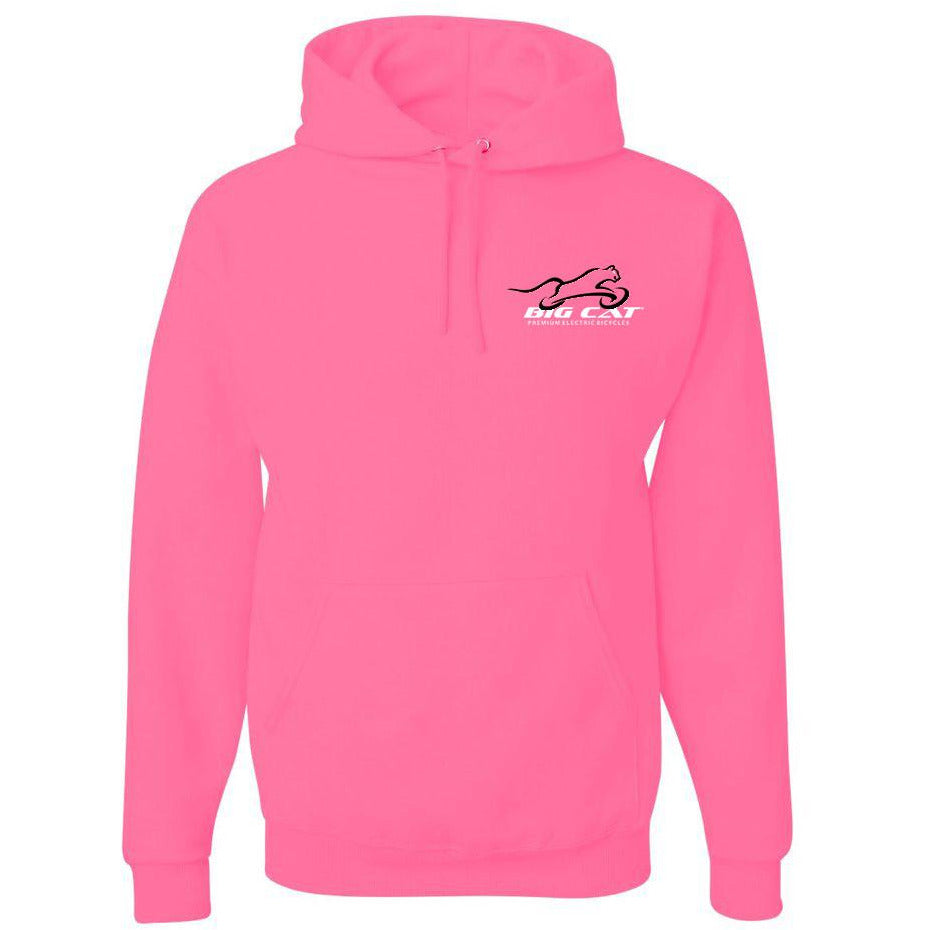 Bright pink hoodie with Big Cat logo on left breast
