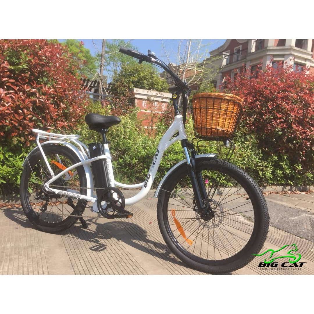 Long Beach Cruiser Electric Bike white right side with basket