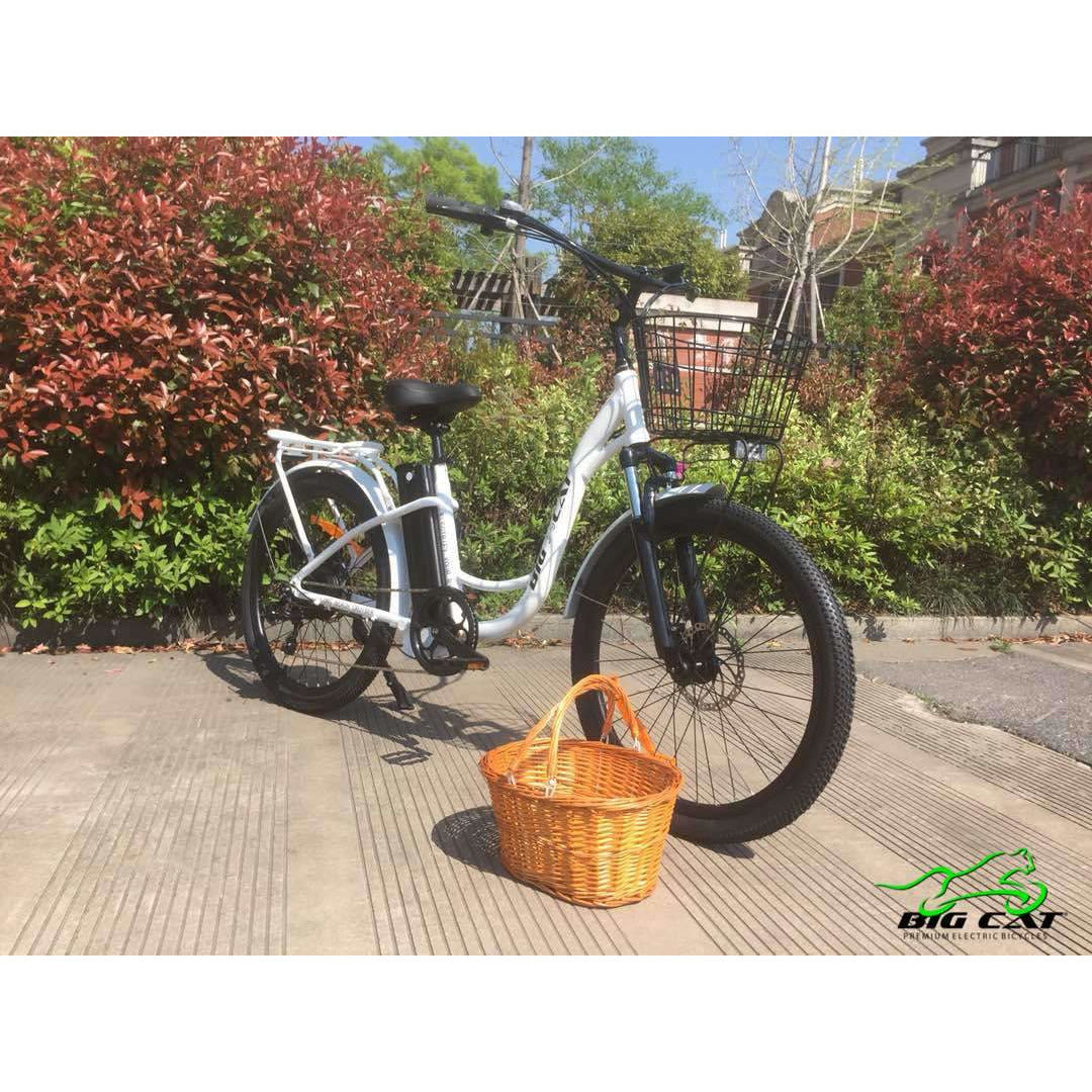 Long Beach Cruiser Electric Bike white right side angle with wicker basket removed
