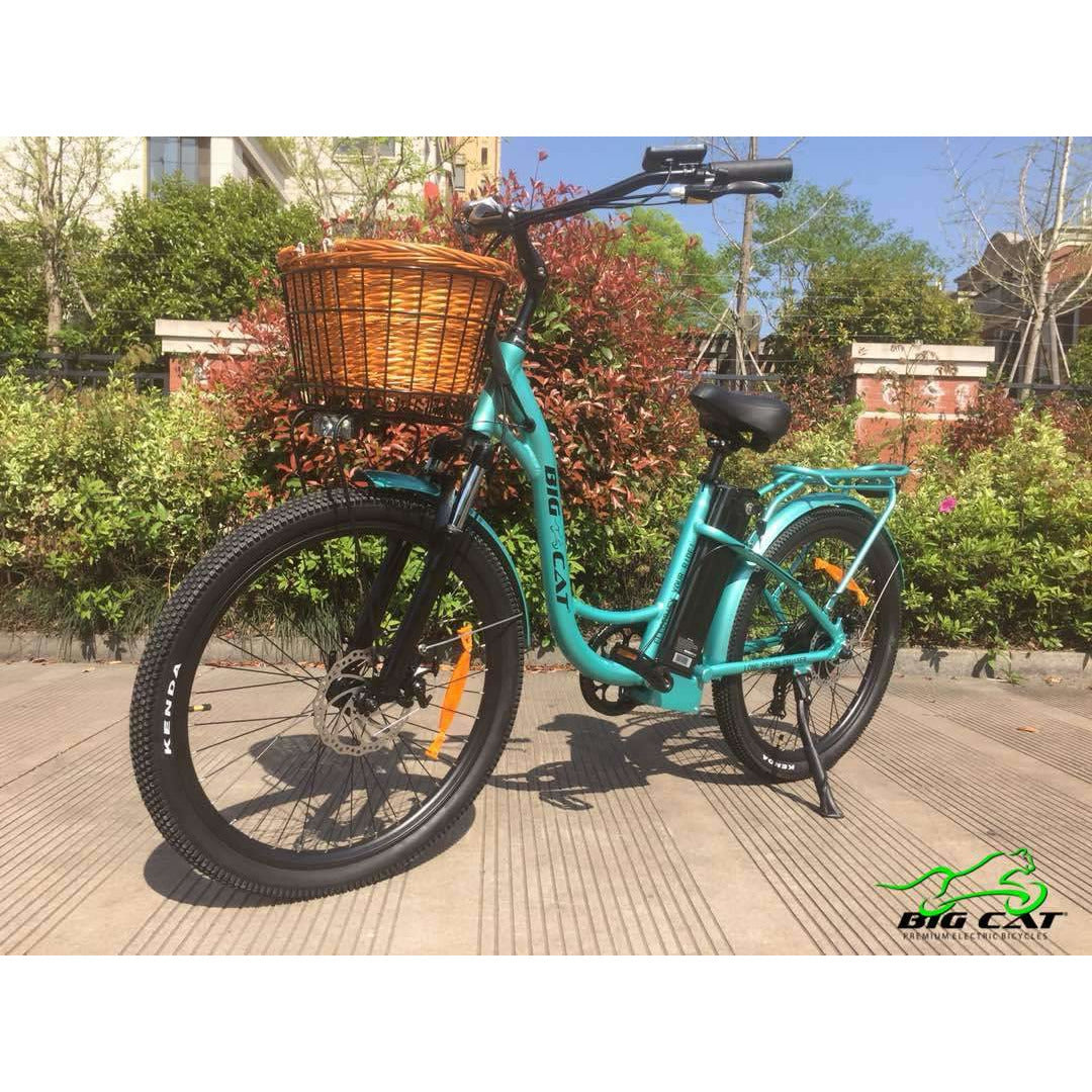Long Beach Cruiser Electric Bike teal left side with basket