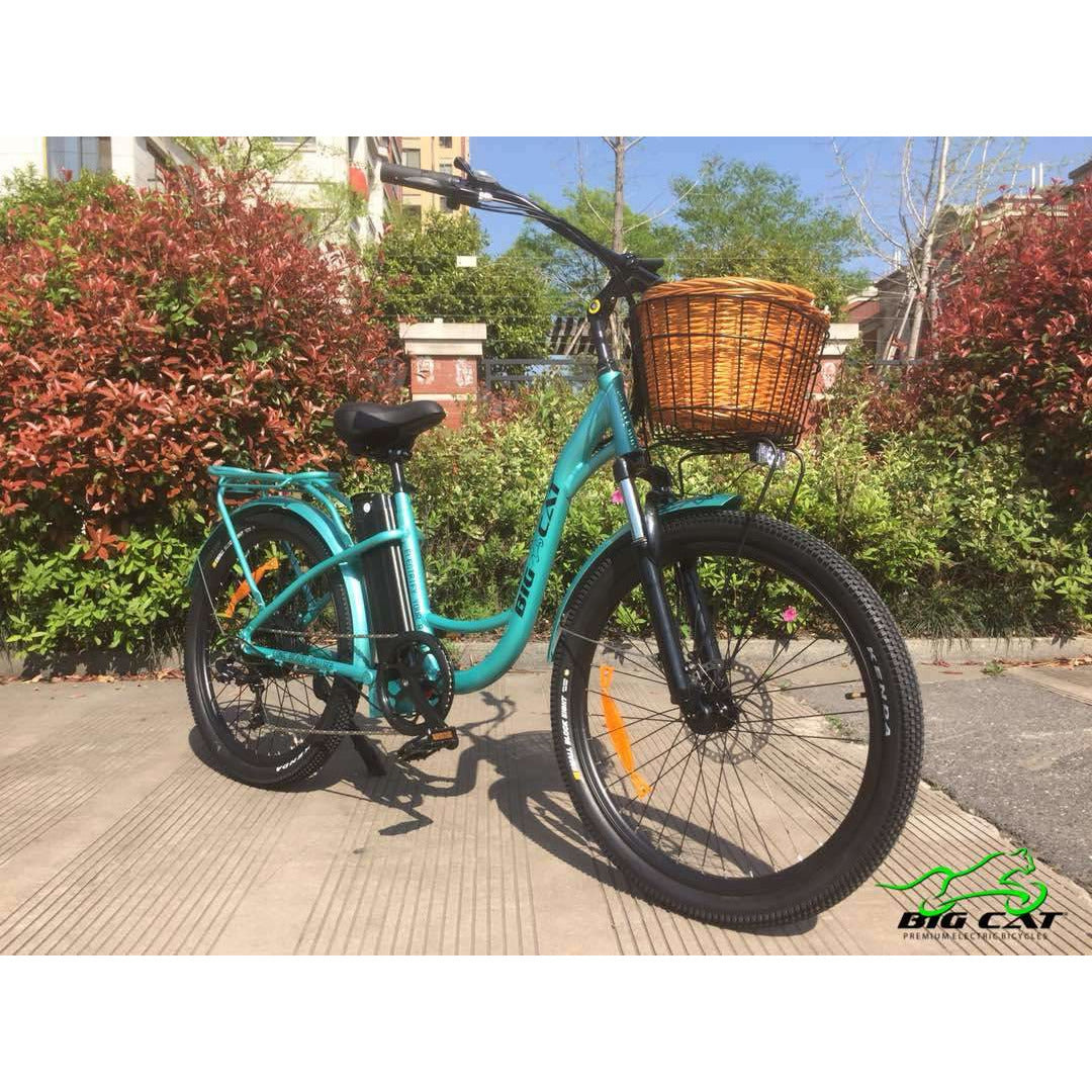 Long Beach Cruiser Electric Bike teal right angle with basket