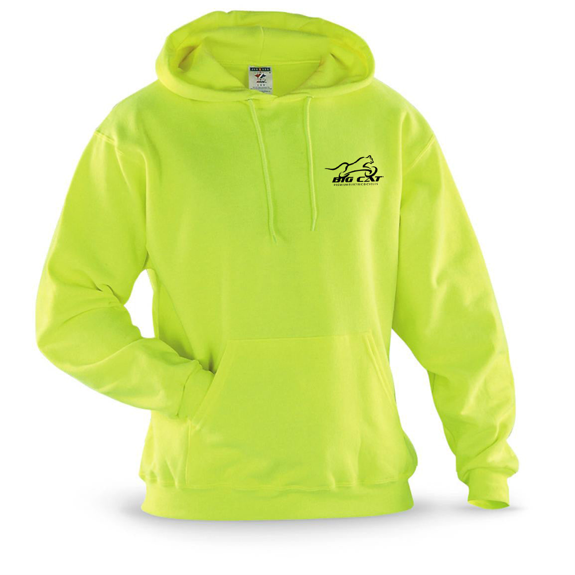 Highlighter-yellow hoodie with Big Cat logo over left breast.