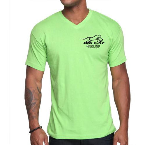 Man wearing bright green v-neck t-shirt with Big Cat logo on left breast