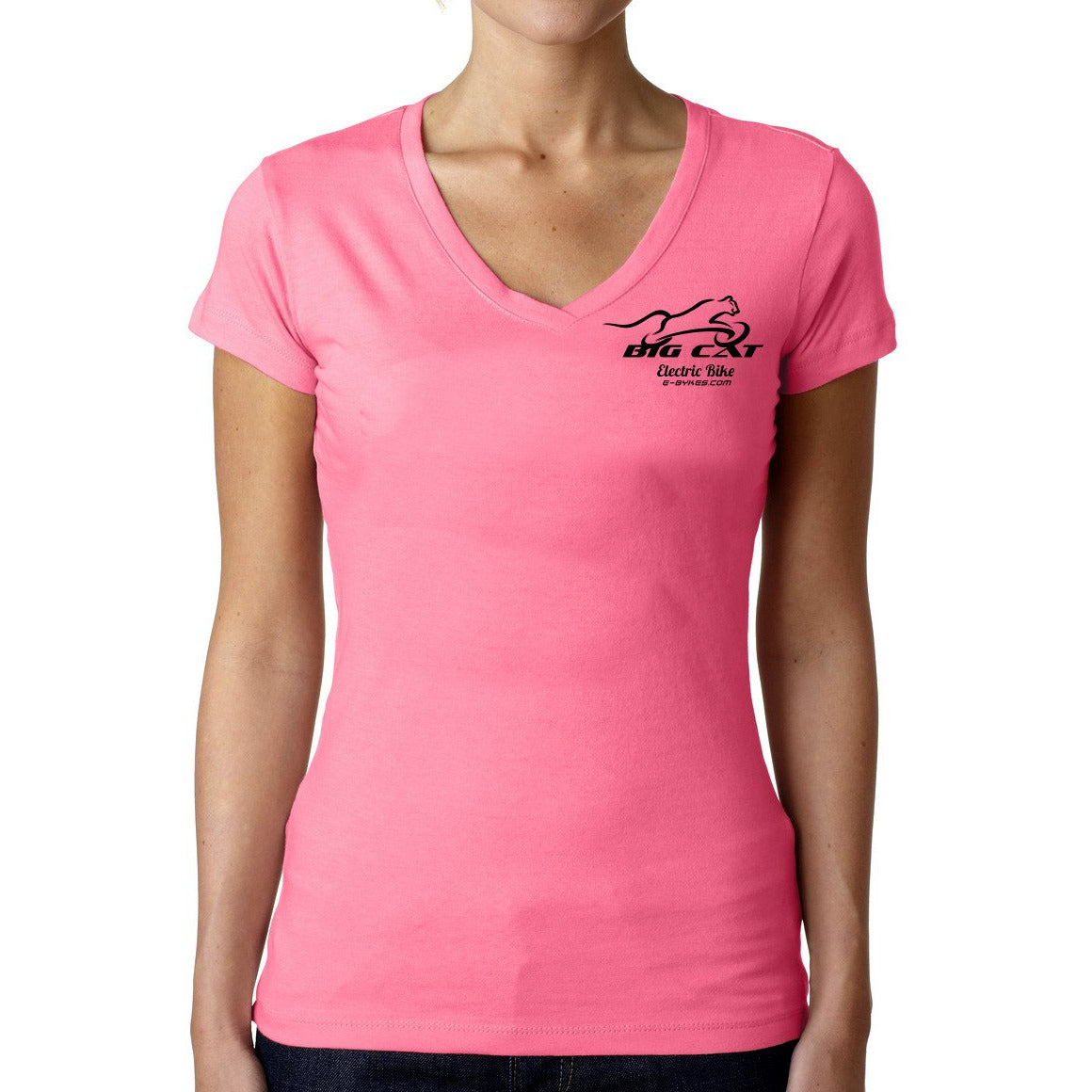 Woman wearing bright pink v-neck t-shirt with Big Cat logo on left breast