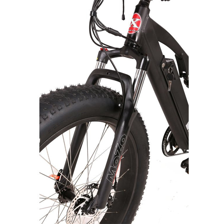 Rocky Road 48v electric mountain bike black front fork view