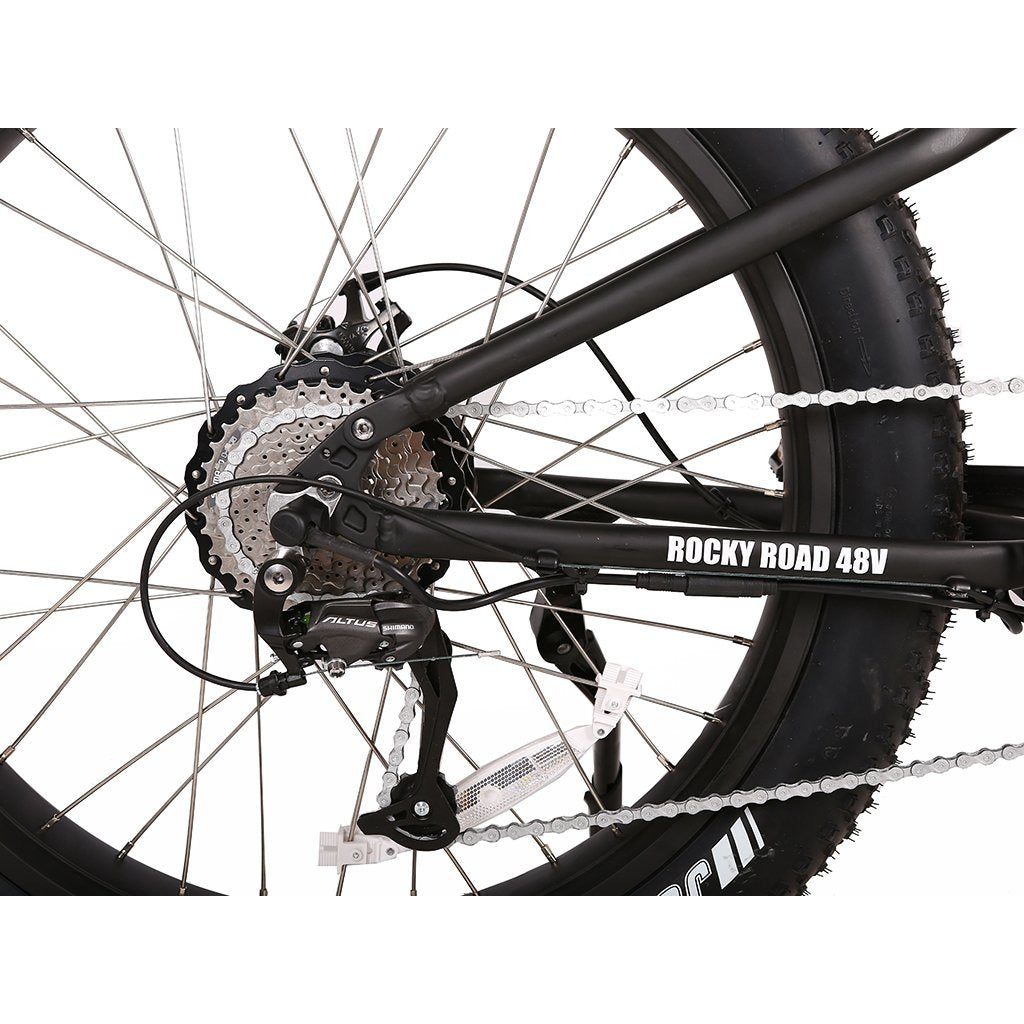 Rocky Road 48v electric mountain bike black gears view